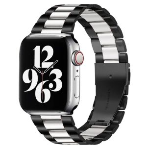 Fold Buckle 3 Beads Stainless Steel Watch Band For Apple Watch Ultra 49mm&Watch Ultra 2 49mm / Series 10 46mm / 9&8&7 45mm / SE 3&SE 2&6&SE&5&4 44mm / 3&2&1 42mm (Black Silver)