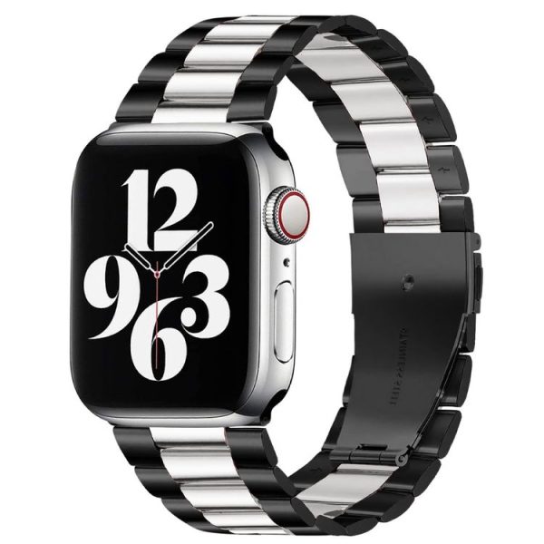 Fold Buckle 3 Beads Stainless Steel Watch Band For Apple Watch Ultra 49mm&Watch Ultra 2 49mm / Series 10 46mm / 9&8&7 45mm / SE 3&SE 2&6&SE&5&4 44mm / 3&2&1 42mm (Black Silver)