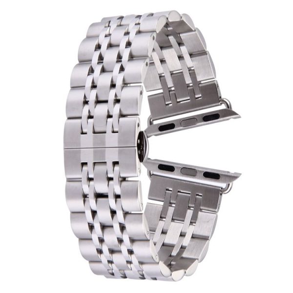 22mm Men Hidden Butterfly Buckle 7 Beads Stainless Steel Watch Band For Apple Watch 38mm (Silver)