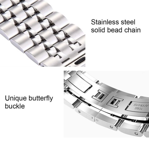 22mm Men Hidden Butterfly Buckle 7 Beads Stainless Steel Watch Band For Apple Watch 38mm (Silver) - Image 5