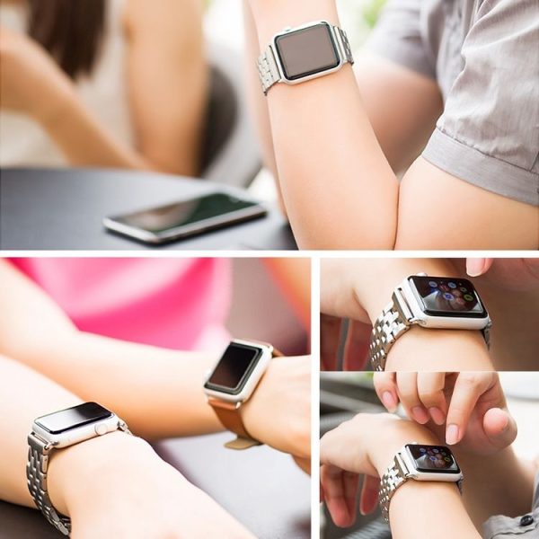 22mm Men Hidden Butterfly Buckle 7 Beads Stainless Steel Watch Band For Apple Watch 38mm (Silver) - Image 8