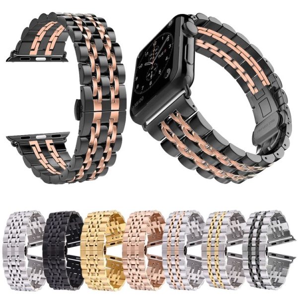 22mm Men Hidden Butterfly Buckle 7 Beads Stainless Steel Watch Band For Apple Watch 38mm (Silver) - Image 9