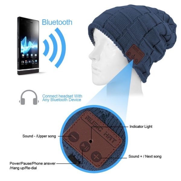 Square Textured Knitted Bluetooth Headset Warm Winter Beanie Hat with Mic for Boy & Girl & Adults (Dark Blue) - Image 7