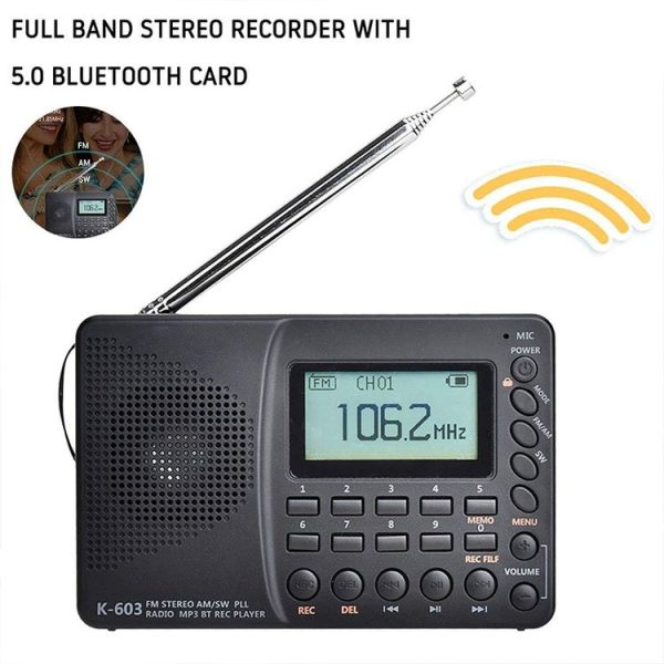K-603 Portable FM / AM / SW Full Band Stereo Radio, Support BT & TF Card (Black) - Image 8