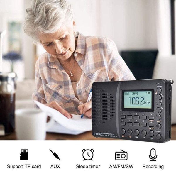K-603 Portable FM / AM / SW Full Band Stereo Radio, Support BT & TF Card (Black) - Image 9