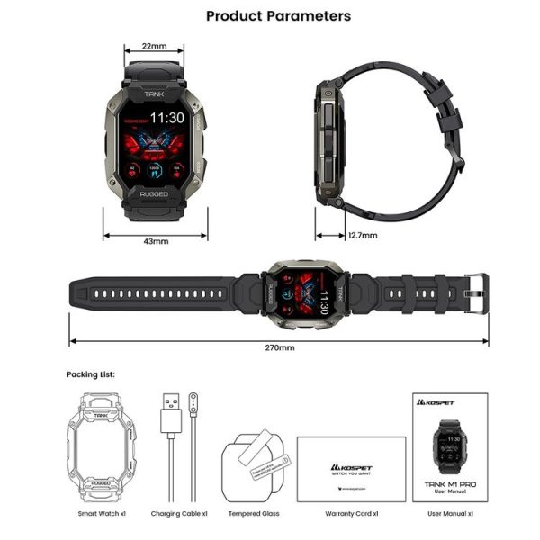 KOSPET TANK M1 Pro Smart Watch with Strap & Film, Support Sleep / Heart Rate Monitoring / Bluetooth Calling (Black) - Image 7