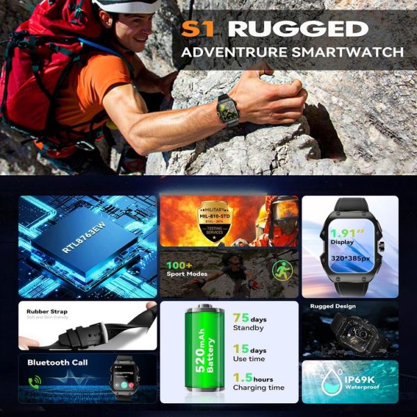HAMTOD S1 1.91 inch Rugged Smart Watch, Support Bluetooth Call / Sleep / Heart Rate / Blood Oxygen / Blood Pressure Monitoring / Drinking / Menstrual Reminder (Black) - Image 2