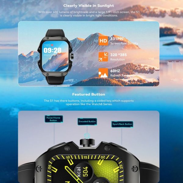 HAMTOD S1 1.91 inch Rugged Smart Watch, Support Bluetooth Call / Sleep / Heart Rate / Blood Oxygen / Blood Pressure Monitoring / Drinking / Menstrual Reminder (Black) - Image 8