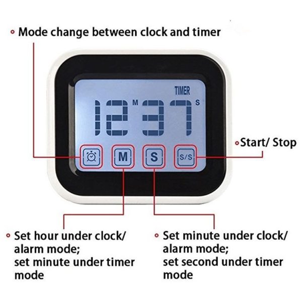 Kitchen Timer Digital Alarm Clock Large LCD Touch Screen Come with Night Light for Cooking Baking (White) - Image 4