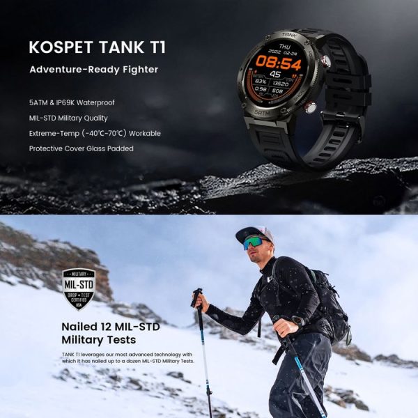 KOSPET TANK T1 1.32 inch Screen 5ATM & IP69K Waterproof Smart Watch, Support Bluetooth, Heart Rate Monitor, Blood Oxygen Monitor, Sleep Monitoring (Silver) - Image 4