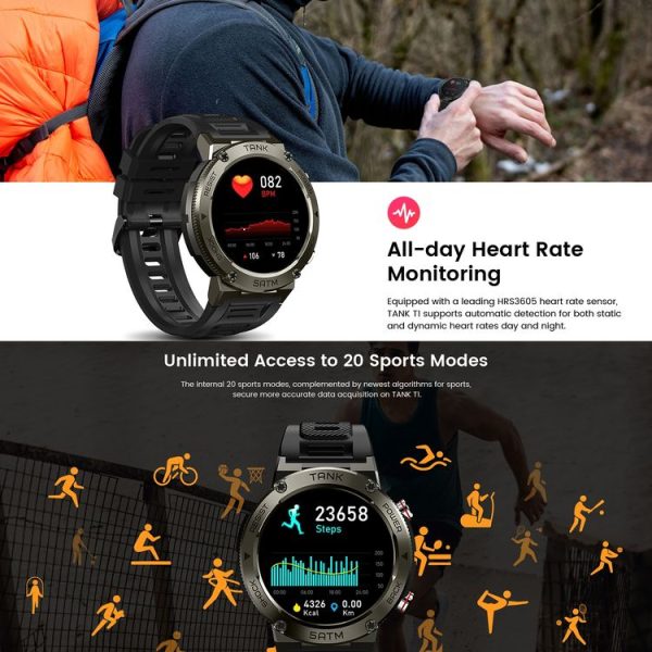 KOSPET TANK T1 1.32 inch Screen 5ATM & IP69K Waterproof Smart Watch, Support Bluetooth, Heart Rate Monitor, Blood Oxygen Monitor, Sleep Monitoring (Silver) - Image 7