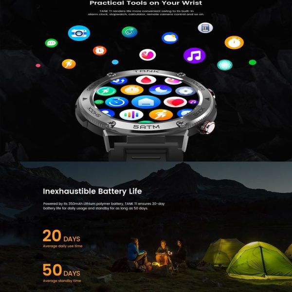 KOSPET TANK T1 1.32 inch Screen 5ATM & IP69K Waterproof Smart Watch, Support Bluetooth, Heart Rate Monitor, Blood Oxygen Monitor, Sleep Monitoring (Silver) - Image 9