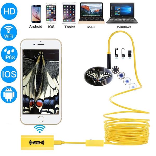 1200P HD Pixels WiFi Endoscope Snake Tube Inspection Camera with 8 LED, Waterproof IP68, Lens Diameter: 8mm, Length: 3.5m, Hard Line (Yellow)