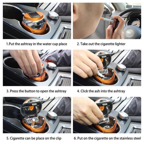 N12E Car Creative Ashtray Solar Power With Light And Cover With Cigarette Liighter (Black) - Image 12