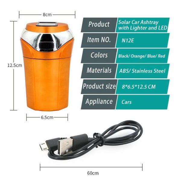 N12E Car Creative Ashtray Solar Power With Light And Cover With Cigarette Liighter (Black) - Image 7