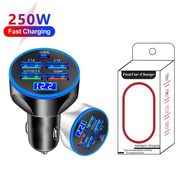 WGS-G37 5 in 1 Digital Display Super Fast Charging Car Charger with Voltmeter (Black) - Image 2