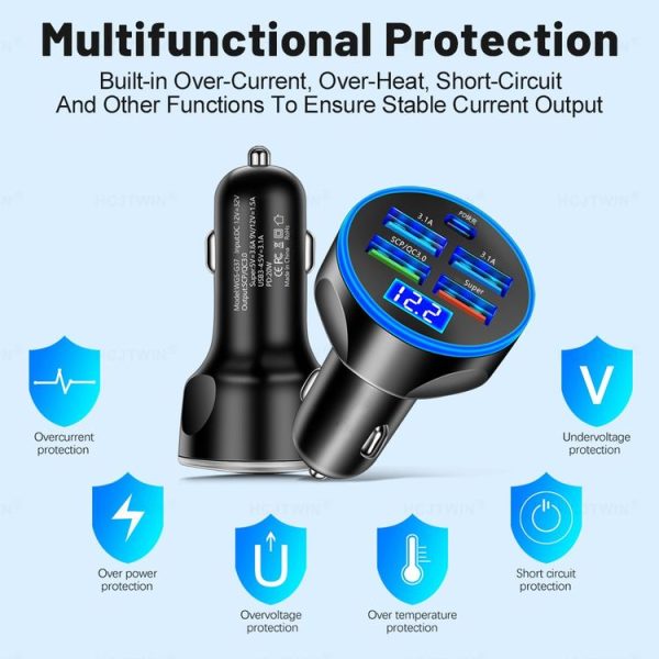 WGS-G37 5 in 1 Digital Display Super Fast Charging Car Charger with Voltmeter (Black) - Image 3
