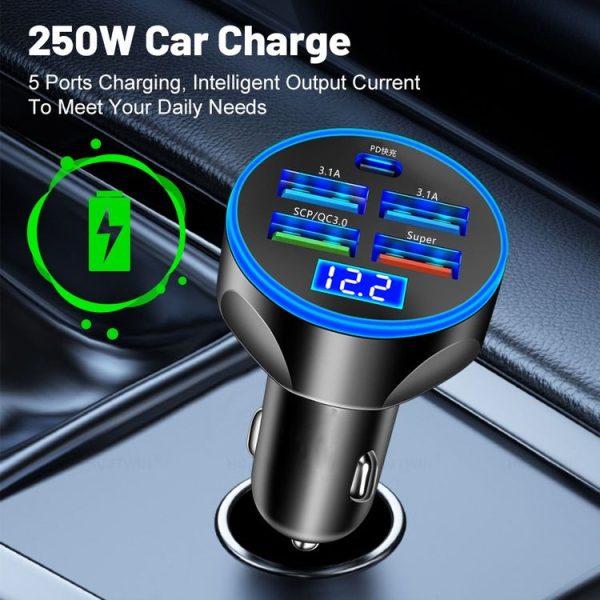 WGS-G37 5 in 1 Digital Display Super Fast Charging Car Charger with Voltmeter (Black) - Image 7