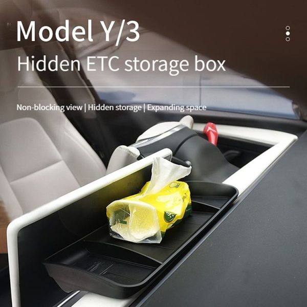 Tesla Model Y / 3 Car Tissue Box Central Control Screen Hidden ETC Storage Box (Black) - Image 2