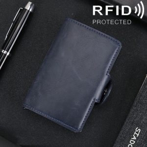 X-7 Antimagnetic RFID Multi-functional Aluminum Crazy Horse Texture Leather Card Bag Wallet (Dark Blue)