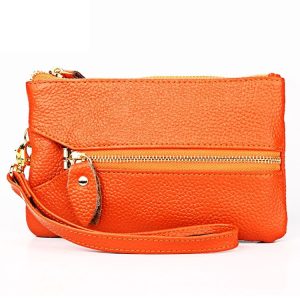 2001 Horizontal Square Litchi Texture Wallet Clutch Bag for Ladies, with Detachable Hand Strap & 6 Key Rings (Orange)