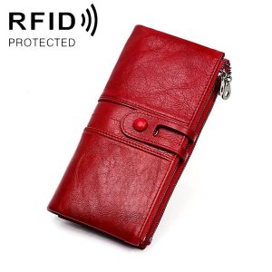 3520 Long Cowhide Leather Folding Anti-magnetic RFID Wallet for Ladies, with Card Slots (Red)