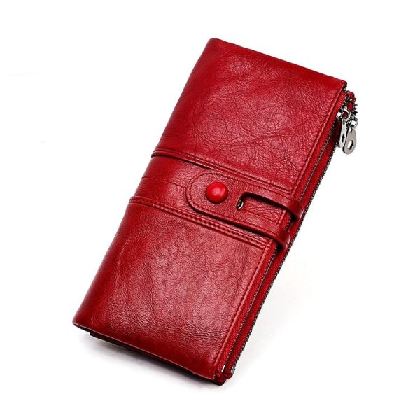 3520 Long Cowhide Leather Folding Anti-magnetic RFID Wallet for Ladies, with Card Slots (Red) - Image 2
