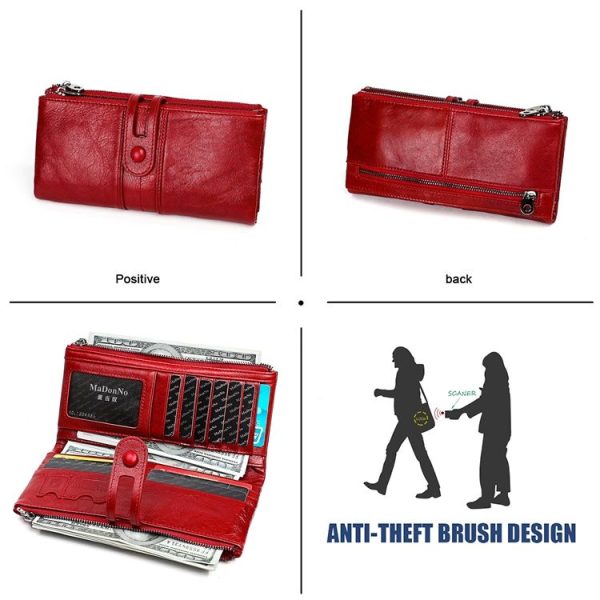 3520 Long Cowhide Leather Folding Anti-magnetic RFID Wallet for Ladies, with Card Slots (Red) - Image 3