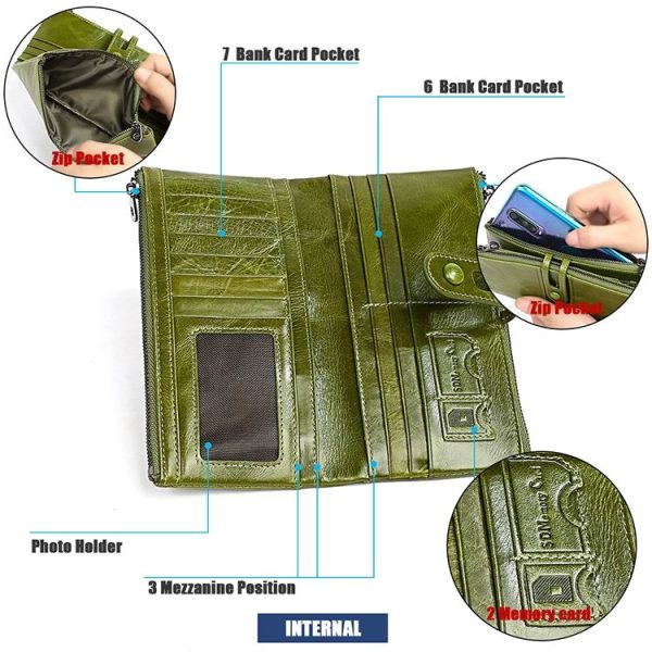 3520 Long Cowhide Leather Folding Anti-magnetic RFID Wallet for Ladies, with Card Slots (Red) - Image 5