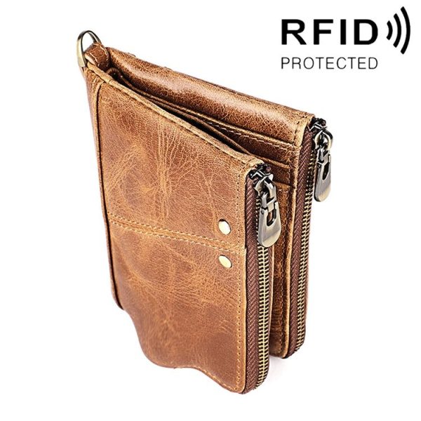 3533 Long Crazy Horse Texture Cowhide Leather Folding Anti-magnetic RFID Wallet Clutch Bag for Men, with Card Slots (Yellowish-brown)
