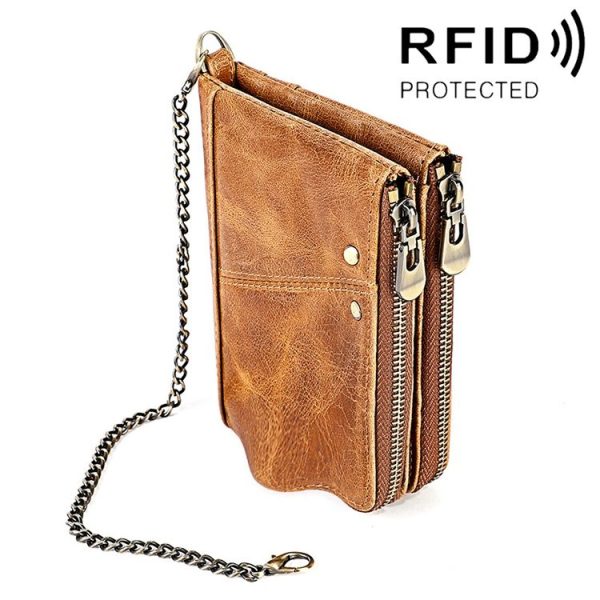 LT3533 Long Crazy Horse Texture Cowhide Leather Folding Anti-magnetic RFID Wallet Clutch Bag for Men, with Card Slots & Shoulder Strap (Yellowish-brown)