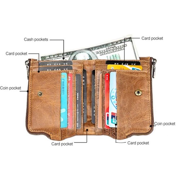 LT3533 Long Crazy Horse Texture Cowhide Leather Folding Anti-magnetic RFID Wallet Clutch Bag for Men, with Card Slots & Shoulder Strap (Yellowish-brown) - Image 4