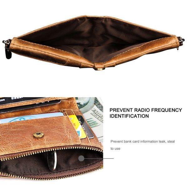LT3533 Long Crazy Horse Texture Cowhide Leather Folding Anti-magnetic RFID Wallet Clutch Bag for Men, with Card Slots & Shoulder Strap (Yellowish-brown) - Image 5