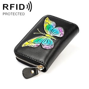 KB152 Butterfly Pattern Zipper Cowhide Leather Organ Shape Multiple Card Slots Anti-magnetic RFID Wallet for Ladies (Colour)