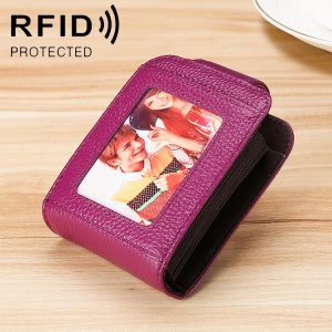 KB189 Vertical Cowhide Leather Organ Shape Multiple Card Slots Anti-magnetic RFID Wallet for Ladies, with Transparent Window (Purple)