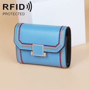 KB190 Cover Type Snap Button Cowhide Leather Organ Shape Multiple Card Slots Anti-magnetic RFID Wallet for Ladies (Lake Blue)