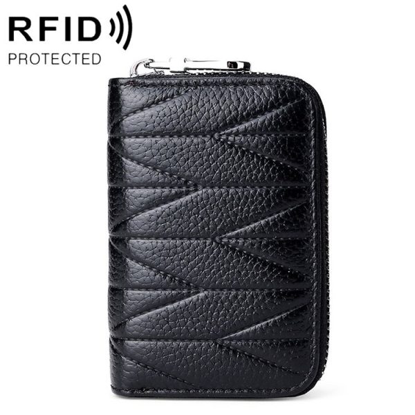 KB191 Zipper Cowhide Leather Organ Shape Multiple Card Slots Anti-magnetic RFID Wallet Clutch Bag for Ladies (Black)