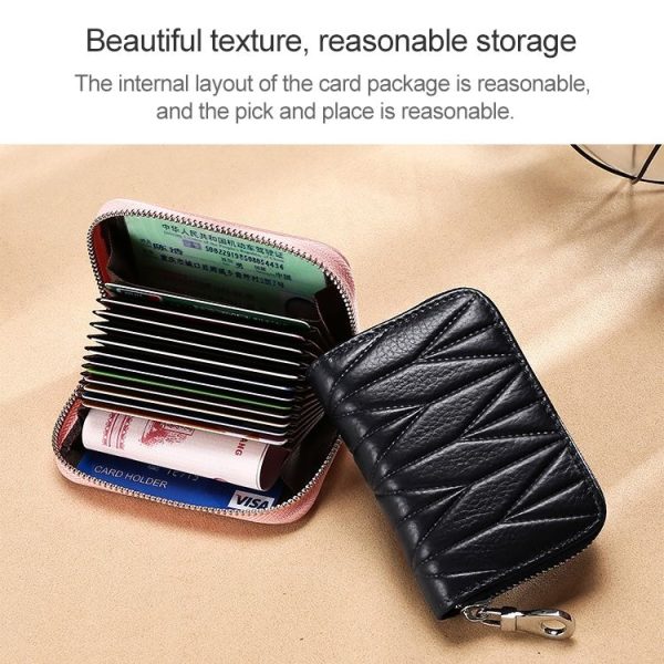 KB191 Zipper Cowhide Leather Organ Shape Multiple Card Slots Anti-magnetic RFID Wallet Clutch Bag for Ladies (Black) - Image 5