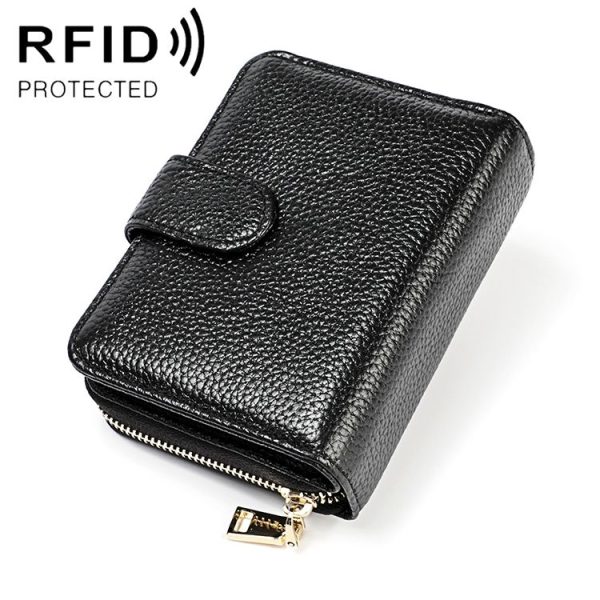 KB192 Buckle Zipper Cowhide Leather Organ Shape Multiple Card Slots Anti-magnetic RFID Wallet Clutch Bag for Men (Black)
