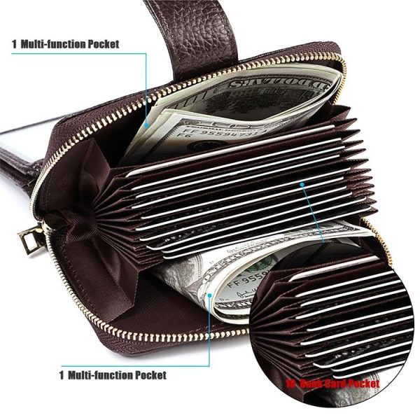 KB192 Buckle Zipper Cowhide Leather Organ Shape Multiple Card Slots Anti-magnetic RFID Wallet Clutch Bag for Men (Black) - Image 6