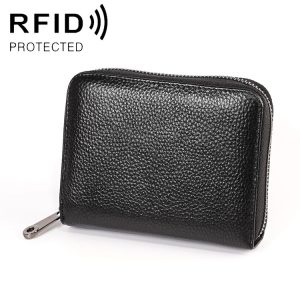 KB195 Zipper Cowhide Leather Double Row Organ Shape Multiple Card Slots Anti-magnetic RFID Wallet Clutch Bag for Ladies (Black)