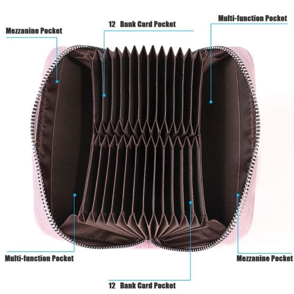 KB195 Zipper Cowhide Leather Double Row Organ Shape Multiple Card Slots Anti-magnetic RFID Wallet Clutch Bag for Ladies (Black) - Image 5
