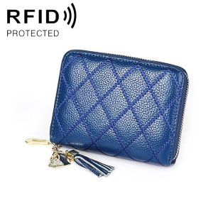 KB213 Diamond Texture Zipper Cowhide Leather Double Row Organ Shape Multiple Card Slots Anti-magnetic RFID Wallet Clutch Bag for Ladies (Blue)