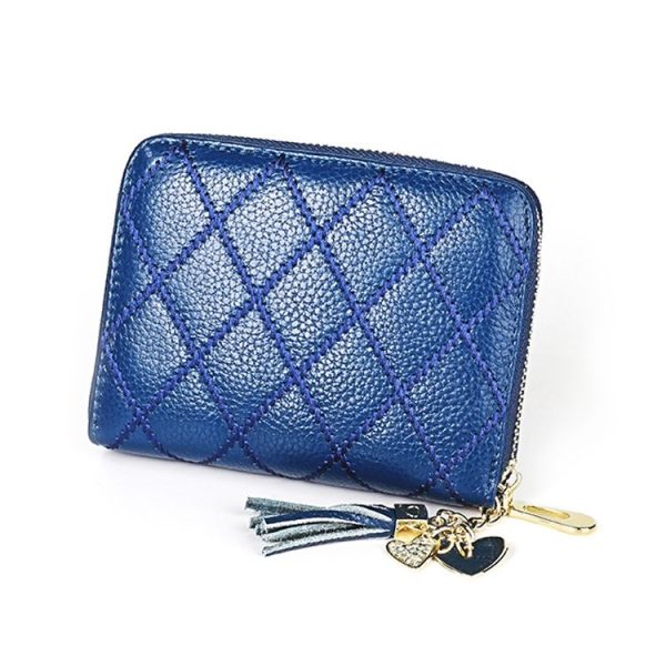 KB213 Diamond Texture Zipper Cowhide Leather Double Row Organ Shape Multiple Card Slots Anti-magnetic RFID Wallet Clutch Bag for Ladies (Blue) - Image 3