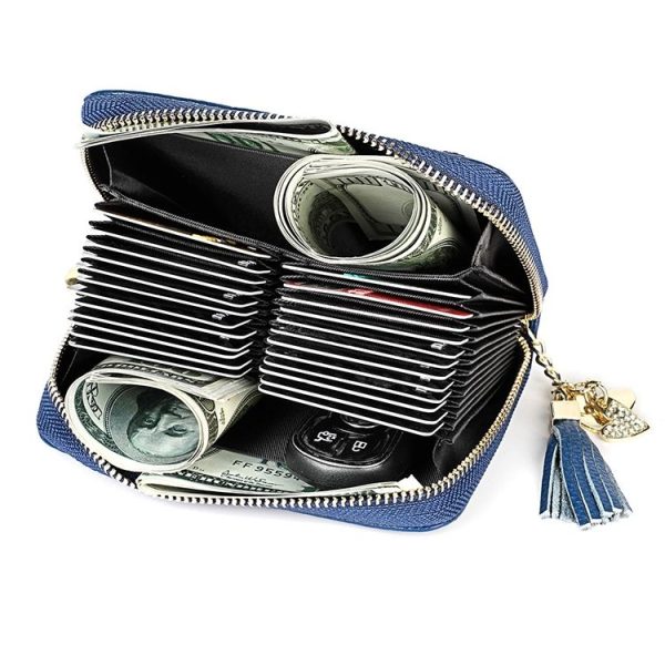 KB213 Diamond Texture Zipper Cowhide Leather Double Row Organ Shape Multiple Card Slots Anti-magnetic RFID Wallet Clutch Bag for Ladies (Blue) - Image 4
