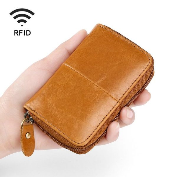 TP-8290 RFID Oil Wax Leather Zipper Change Purse Organ Card Holder (Brown)