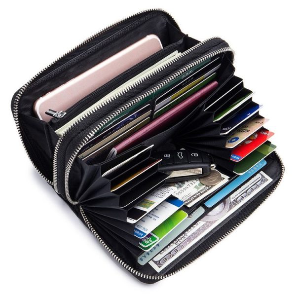 Sheepskin Weave Double Zipper Large Capacity Multiple-Card RFID Anti-Theft Wallet Bag (Black) - Image 4