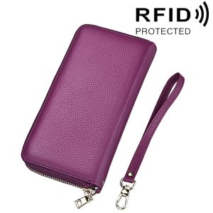 Genuine Cowhide Leather Litchi Texture Zipper Long Style Card Holder Wallet RFID Blocking Coin Purse Card Bag Protect Case with Hand Strap for Women, Size: 20*10.5*3cm (Purple)