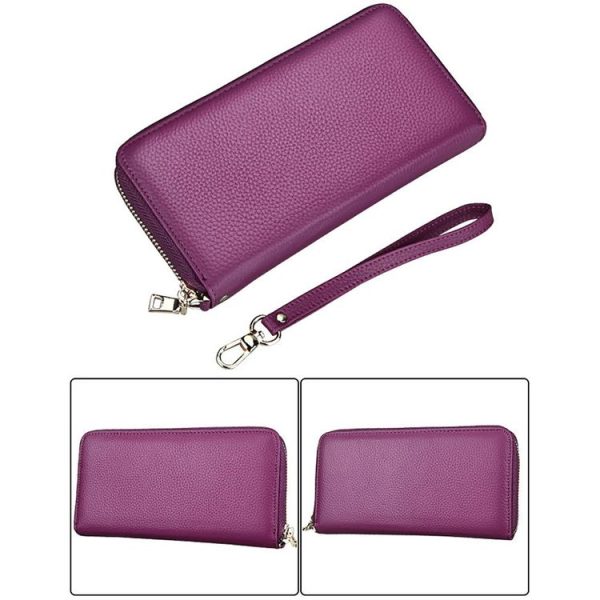 Genuine Cowhide Leather Litchi Texture Zipper Long Style Card Holder Wallet RFID Blocking Coin Purse Card Bag Protect Case with Hand Strap for Women, Size: 20*10.5*3cm (Purple) - Image 2