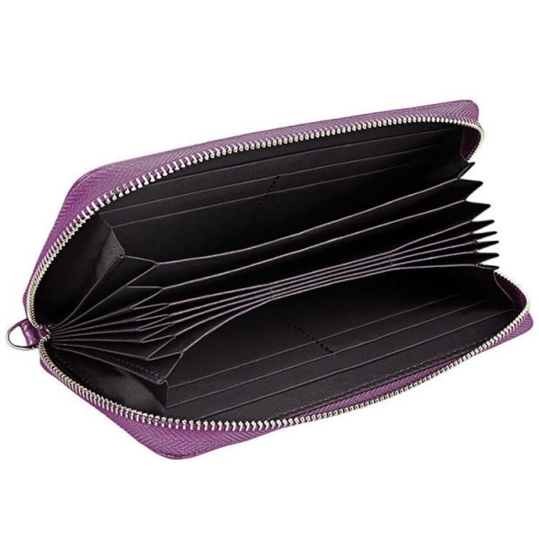 Genuine Cowhide Leather Litchi Texture Zipper Long Style Card Holder Wallet RFID Blocking Coin Purse Card Bag Protect Case with Hand Strap for Women, Size: 20*10.5*3cm (Purple) - Image 3